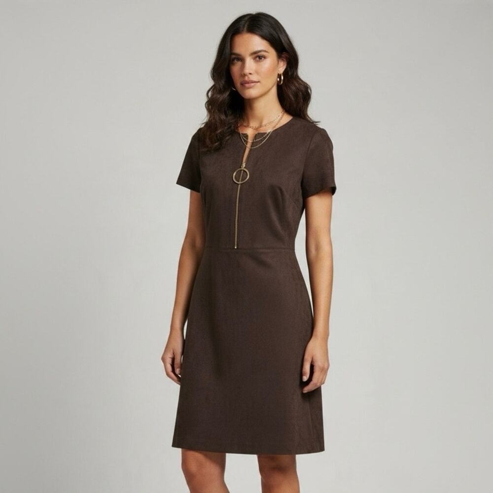 Calvin Klein dress. A-line 
Chocolate brown faux suede 
Size 4 NWT